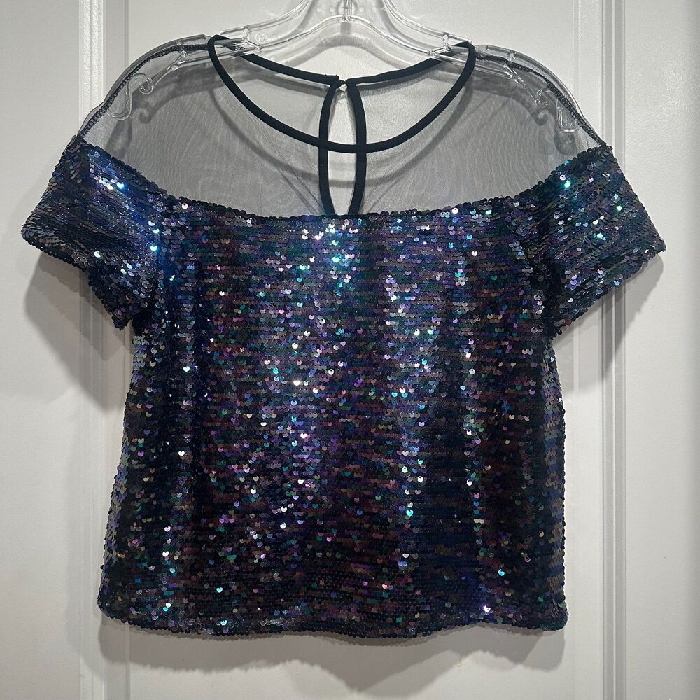 Akira Small Women Short Sleeve Blouse Sequin Mesh Fairy Festival Rave Whimisgoth